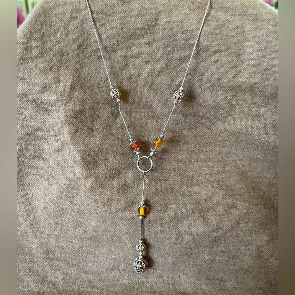 Amber and filigree beaded lariat style necklace